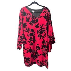 MSK Dress 20W Knee Length Red Black Velvet Floral 3/4 Bell Sleeves